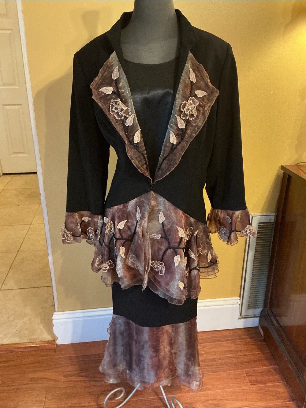 Louise Ricci Black Jacket & Floral Organza Skirt Set - Brown Floral Appliqué